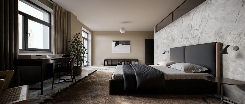 A bedroom with a quartz backwall. Plan-It Stone, Best kitchen worktops in Bristol.