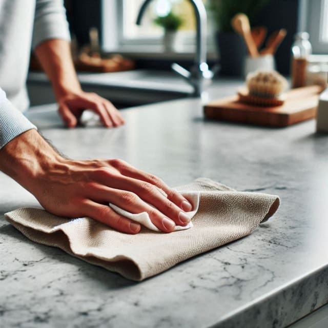 a person cleaning a quartz worktop with a dry cloth using only one hand
